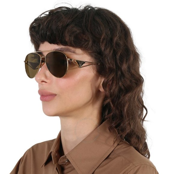 Prada PR73ZS 5AK01T Sunglasses Shiny Gold Dark Brown Pilot Unisex PR 73ZS